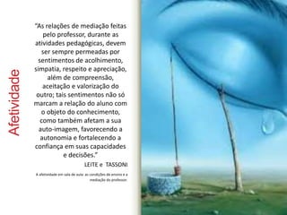 Afetividade 
“As relações de mediação feitas 
pelo professor, durante as 
atividades pedagógicas, devem 
ser sempre permeadas por 
sentimentos de acolhimento, 
simpatia, respeito e apreciação, 
além de compreensão, 
aceitação e valorização do 
outro; tais sentimentos não só 
marcam a relação do aluno com 
o objeto do conhecimento, 
como também afetam a sua 
auto-imagem, favorecendo a 
autonomia e fortalecendo a 
confiança em suas capacidades 
e decisões.” 
LEITE e TASSONI 
A afetividade em sala de aula: as condições de ensino e a 
mediação do professor. 
 