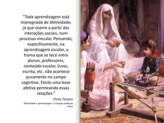 “Toda aprendizagem está 
impregnada de afetividade, 
já que ocorre a partir das 
interações sociais, num 
processo vincular. Pensando, 
especificamente, na 
aprendizagem escolar, a 
trama que se tece entre 
alunos, professores, 
conteúdo escolar, livros, 
escrita, etc. não acontece 
puramente no campo 
cognitivo. Existe uma base 
afetiva permeando essas 
relações.” 
Elvira Tassoni 
Afetividade e aprendizagem: a relação professor 
aluno 
 