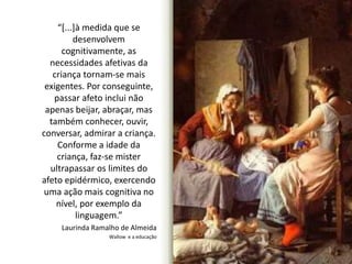 “[...]à medida que se 
desenvolvem 
cognitivamente, as 
necessidades afetivas da 
criança tornam-se mais 
exigentes. Por conseguinte, 
passar afeto inclui não 
apenas beijar, abraçar, mas 
também conhecer, ouvir, 
conversar, admirar a criança. 
Conforme a idade da 
criança, faz-se mister 
ultrapassar os limites do 
afeto epidérmico, exercendo 
uma ação mais cognitiva no 
nível, por exemplo da 
linguagem.” 
Laurinda Ramalho de Almeida 
Wallow e a educação 
 