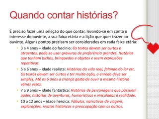 Quando contar histórias? 
É preciso fazer uma seleção do que contar, levando-se em conta o 
interesse do ouvinte, a sua faixa etária e a lição que quer trazer ao 
ouvinte. Alguns pontos precisam ser considerados em cada faixa etária: 
• 3 a 4 anos – idade do fascínio: Os textos devem ser curtos e 
atraentes, pode-se usar gravuras de preferência grandes. Histórias 
que tenham bichos, brinquedos e objetos e usem expressões 
repetitivas. 
• 5 a 6 anos – idade realista: Histórias da vida real, falando do lar etc. 
Os textos devem ser curtos e ter muita ação, o enredo deve ser 
simples. Até os 6 anos a criança gosta de ouvir a mesma história 
várias vezes. 
• 7 a 9 anos – idade fantástica: Histórias de personagens que possuem 
poder, histórias de aventuras, humorísticas e vinculadas à realidade. 
• 10 a 12 anos – idade heroica: Fábulas, narrativas de viagens, 
explorações, relatos históricos e preocupação com os outros. 
 