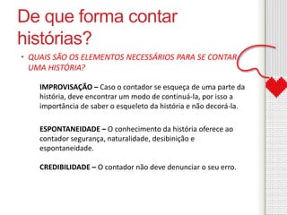 De que forma contar 
histórias? 
• QUAIS SÃO OS ELEMENTOS NECESSÁRIOS PARA SE CONTAR 
UMA HISTÓRIA? 
IMPROVISAÇÃO – Caso o contador se esqueça de uma parte da 
história, deve encontrar um modo de continuá-la, por isso a 
importância de saber o esqueleto da história e não decorá-la. 
ESPONTANEIDADE – O conhecimento da história oferece ao 
contador segurança, naturalidade, desibinição e 
espontaneidade. 
CREDIBILIDADE – O contador não deve denunciar o seu erro. 
 