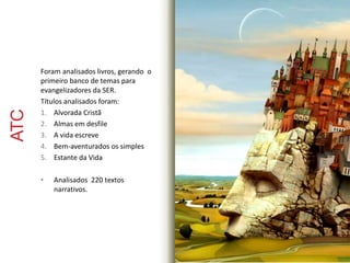 ATC 
Foram analisados livros, gerando o 
primeiro banco de temas para 
evangelizadores da SER. 
Títulos analisados foram: 
1. Alvorada Cristã 
2. Almas em desfile 
3. A vida escreve 
4. Bem-aventurados os simples 
5. Estante da Vida 
• Analisados 220 textos 
narrativos. 
 