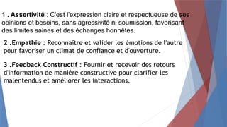 2 .Empathie : Reconnaître et valider les émotions de l'autre
pour favoriser un climat de confiance et d'ouverture.
1 . Assertivité : C'est l'expression claire et respectueuse de ses
opinions et besoins, sans agressivité ni soumission, favorisant
des limites saines et des échanges honnêtes.
3 .Feedback Constructif : Fournir et recevoir des retours
d'information de manière constructive pour clarifier les
malentendus et améliorer les interactions.
 