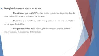 Exemples de contexte spatial en action:
- Une distance trop courte: Peut être perçue comme une intrusion dans la
zone intime de l'autre et provoquer un malaise.
- Un contact visuel évité: Peut être interprété comme un manque d'intérêt
ou un signe de timidité.
- Une posture fermée: Bras croisés, jambes croisées, peuvent donner
l'impression de résistance ou de fermeture.
 