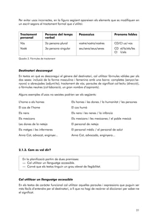 Per evitar usos incorrectes, en la figura següent apareixen els elements que es modifiquen en 
un escrit segons el tractament formal que s’utilitzi: 
Tractament Persona del temps Possessius Pronoms febles 
personal verbal 
Vós 2a persona plural vostre/vostra/vostres CD/CI us/-vos 
Vostè 3a persona singular seu/seva/seus/seves CD el/la/els/les 
CI li/els 
Quadre 2. Fórmules de tractament 
Destinatari desconegut 
En textos en què es desconegui el gènere del destinatari, cal utilitzar fórmules vàlides per als 
dos sexes: inclusió de la forma masculina i femenina amb una barra: completes (senyor/se - 
nyora) o abreujades (adjunt/ta); tractament de vós; paraules de significat col·lectiu (direcció), 
o fórmules neutres (col·laboració, un gran nombre d’aspirants). 
Alguns exemples d’usos no sexistes podrien ser els següents: 
L’home o els homes Els homes i les dones / la humanitat / les persones 
El cos de l’home El cos humà 
Els nens Els nens i les nenes / la infància 
Els mexicans Els mexicans i les mexicanes / el poble mexicà 
Les dones de la neteja El personal de neteja 
Els metges i les infermeres El personal mèdic / el personal de salut 
Anna Cot, advocat, enginyer... Anna Cot, advocada, enginyera... 
2.1.3. Com es vol dir? 
En la planificació partim de dues premisses: 
— Cal utilitzar un llenguatge accessible. 
— Convé que els textos tinguin un grau elevat de llegibilitat. 
Cal utilitzar un llenguatge accessible 
En els textos de caràcter funcional cal utilitzar aquelles paraules i expressions que puguin ser 
més fàcils d’entendre per al destinatari, a fi que no hagi de recórrer al diccionari per saber-ne 
el significat. 
21 
 