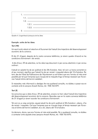 1. ————————————————————————————— 
1.1. ——————————————————————————— 
1.2. ——————————————————————————— 
1.2.1. ———————————————————————— 
1.2.2. ———————————————————————— 
2. ————————————————————————————— 
Quadre 4. L’organització jeràrquica de les idees 
Exemple: ordre de les idees 
Text (NR) 
Un escrit amb relació al retard en el lliurament de l’estudi Una trajectòria del desenvolupament 
econòmic de la comarca. 
El dia 31 d’agost, després de la nostra conversa telefònica, ja vàrem quedar d’acord en les 
condicions d’enviament i de revisió. 
A dia d’avui, 29 de setembre, no he rebut cap document ni per correu electrònic ni per correu 
ordinari. 
L’estudi en qüestió ha de ser publicat el dia 28 d’octubre. Això, tal com us havia comentat en 
el seu moment, significa que l’estudi ha de ser revisat i maquetat abans del 10 d’octubre. Per 
tant, des de l’Àrea de Publicacions de l’Ajuntament us sol·licitem que ens l’envieu al més aviat 
possible per tal que l’empresa que s’ocupa de la maqueta tingui el temps necessari per lliurar-nos 
l’estudi dintre del termini establert. 
Si necessiteu més informació o desitgeu fer-nos qualsevol consulta, no dubteu a posar-vos en 
contacte amb la senyora Araceli Muñoz, tel.: 938 765 879. 
Text (R) 
Us comunico que a data d’avui, 29 de setembre, encara no hem rebut l’estudi Una trajectòria 
del desenvolupament econòmic de la comarca. Recordeu que en la nostra conversa telefònica 
de 31 d’agost ja vàrem acordar les condicions d’enviament. 
Tal com ja us vaig comentar, aquest estudi ha de sortir publicat el 28 d’octubre i, abans, s’ha 
de revisar i maquetar. Cal que l’empresa que se n’ocupa tingui el temps necessari per lliurar-nos- 
el dintre del termini establert, és a dir, abans del 10 d’octubre. 
Us demano, doncs, que ens l’envieu al més aviat possible. Per a qualsevol consulta, no dubteu 
a contactar amb aquesta àrea (senyora Araceli Muñoz, tel.: 938 765 879). 
24 
 