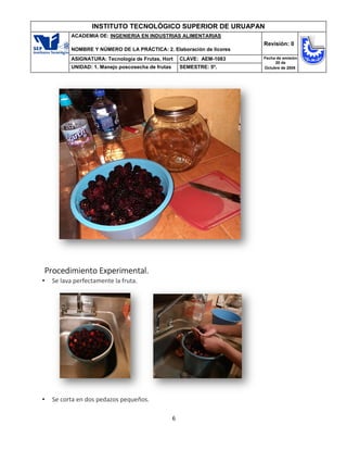 6
INSTITUTO TECNOLÓGICO SUPERIOR DE URUAPAN
ACADEMIA DE: INGENIERIA EN INDUSTRIAS ALIMENTARIAS
NOMBRE Y NÚMERO DE LA PRÁCTICA: 2. Elaboración de licores
Revisión: 0
ASIGNATURA: Tecnología de Frutas, Hort CLAVE: AEM-1083 Fecha de emisión
20 de
Octubre de 2008
UNIDAD: 1. Manejo poscosecha de frutas SEMESTRE: 5º.
Procedimiento Experimental.
• Se lava perfectamente la fruta.
• Se corta en dos pedazos pequeños.
 
