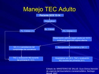 Manejo TEC Adulto Paciente GCS 13-14 Hospitalizar Rx. Cráneo Fx. Cráneo (+) Fx. Cráneo (-) Observación estricta según pauta por 4-6 h,  evaluando aparición signos alarma Recuperación conciencia y SA (-) Hospitalizar por 24 h, TAC y evaluación NQ durante las primeras 24 h.  SA (+) o persistencia del  compromiso de conciencia TAC y evaluación NQ durante  las primeras 6 -12 h. Editado de: MINISTERIO DE SALUD. Guía Clínica Atención de urgencia del traumatismo craneoencefálico .  Santiago: Minsal, 2007. 