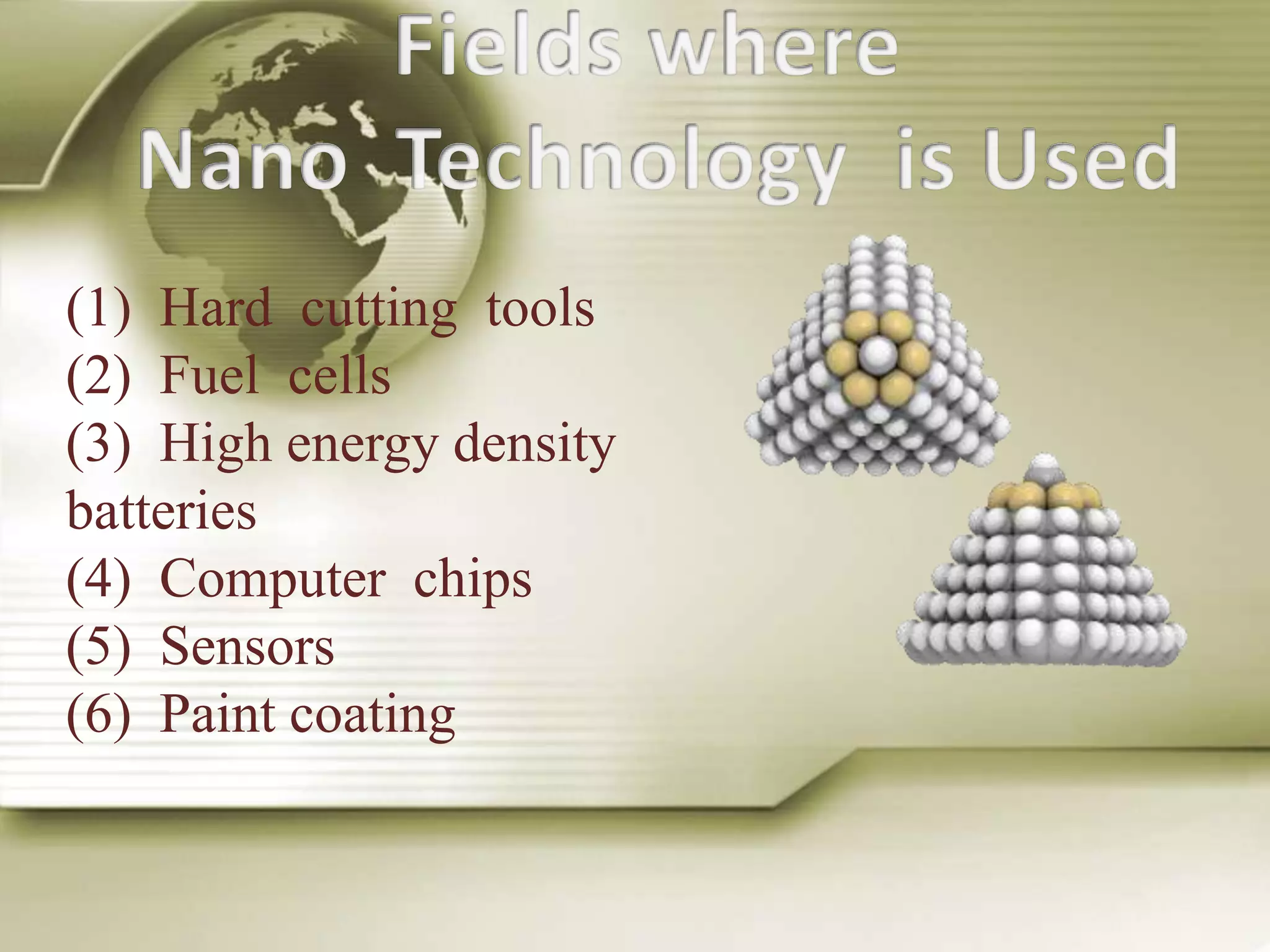 (1) Hard cutting tools
(2) Fuel cells
(3) High energy density
batteries
(4) Computer chips
(5) Sensors
(6) Paint coating