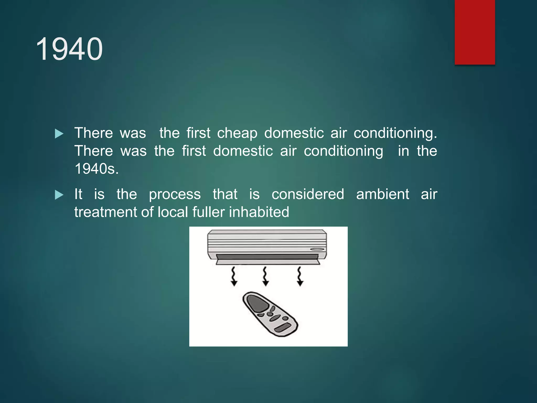 1940
 There was the first cheap domestic air conditioning.
There was the first domestic air conditioning in the
1940s.
 It is the process that is considered ambient air
treatment of local fuller inhabited
 