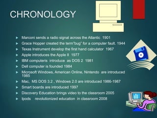 CHRONOLOGY
 Marconi sends a radio signal across the Atlantic 1901
 Grace Hopper created the term”bug” for a computer fault. 1944
 Texas Instrument develop the first hand calculator 1967
 Apple introduces the Apple II 1977
 IBM computeris introduce as DOS 2 1981
 Dell computer is founded 1984
 Microsoft Windows, American Online, Nintendo are introduced
1985
 Mac, MS DOS 3.2 , Windows 2.0 are introduced 1986-1987
 Smart boards are introduced 1997
 Discovery Education brings video to the classroom 2005
 Ipods revolutionized education in classroom 2008
 