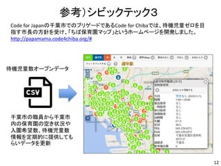 参考）シビックテック３
12
Code for Japanの千葉市でのブリゲードであるCode for Chibaでは、待機児童ゼロを目
指す市長の方針を受け、「ちば保育園マップ」というホームページを開発しました。
http://papamam...