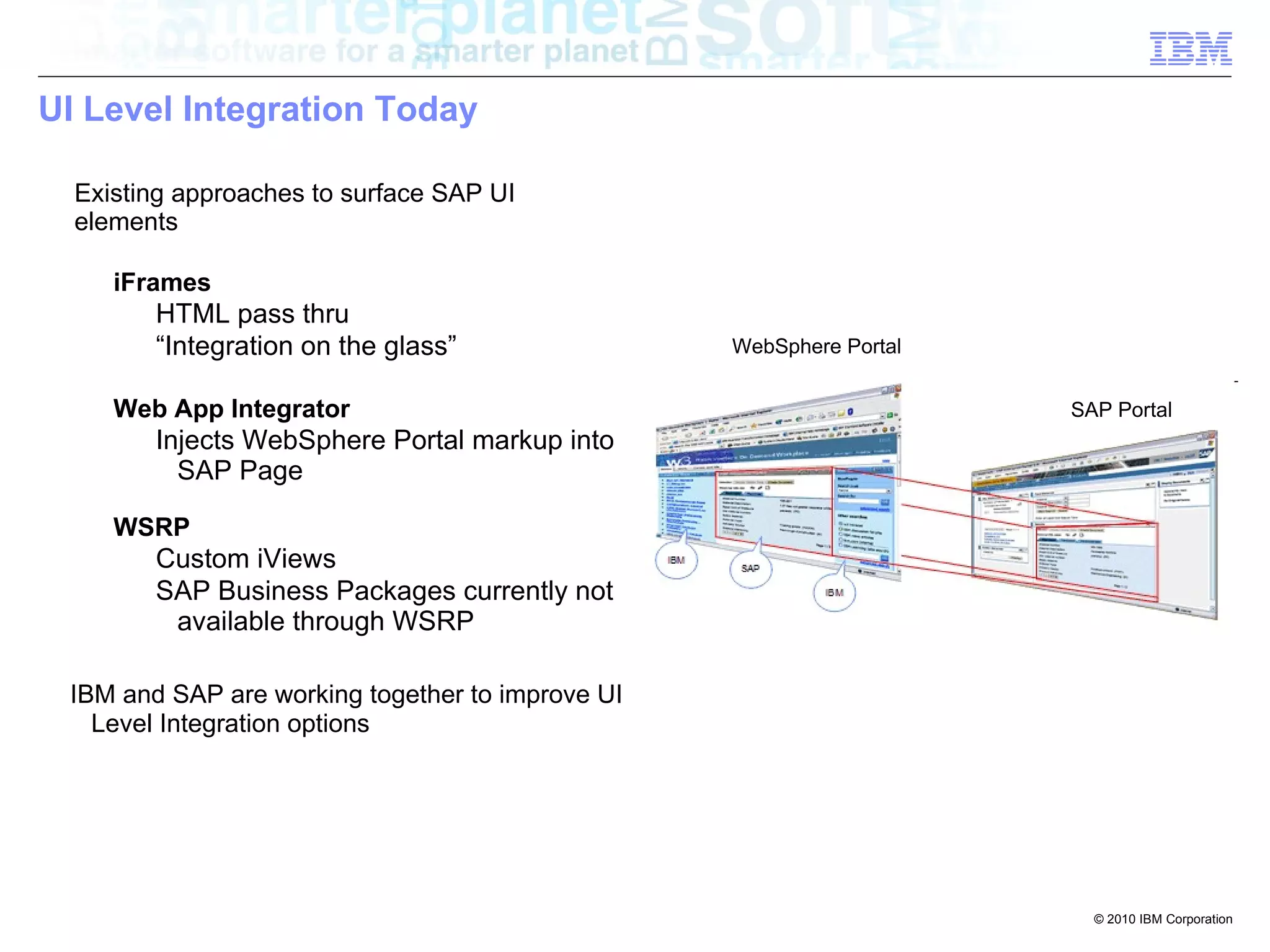 UI Level Integration Today

  Existing approaches to surface SAP UI
  elements

     iFrames
        HTML pass thru
        “Integration on the glass”                WebSphere Portal


     Web App Integrator                                              SAP Portal
        Injects WebSphere Portal markup into
          SAP Page

     WSRP
        Custom iViews
        SAP Business Packages currently not
         available through WSRP

 IBM and SAP are working together to improve UI
   Level Integration options




                                                                       © 2010 IBM Corporation
 