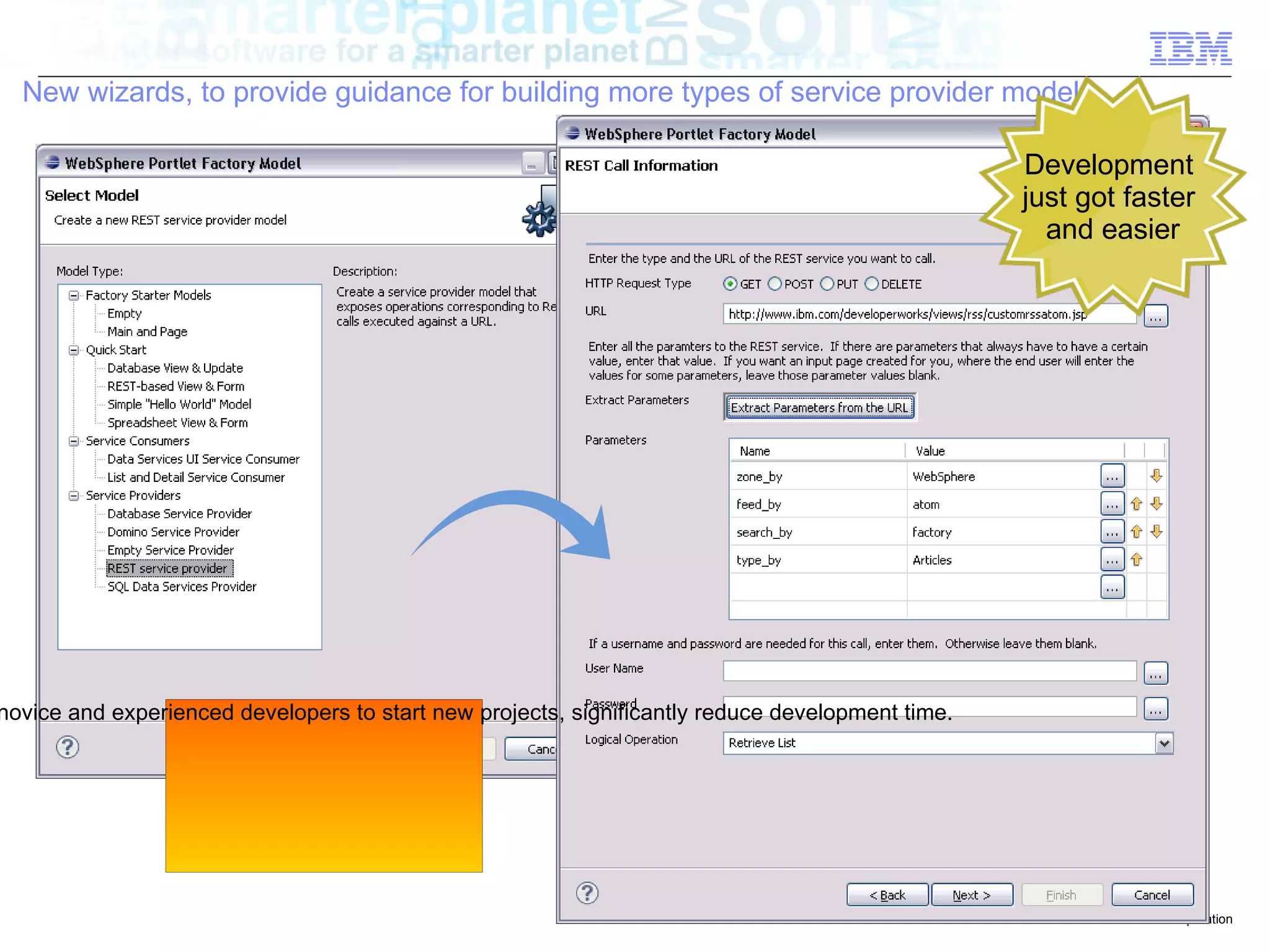 New wizards, to provide guidance for building more types of service provider models

                                                                                                  Development
                                                                                                  just got faster
                                                                                                    and easier




novice and experienced developers to start new projects, significantly reduce development time.




                                                                                                        © 2010 IBM Corporation
 