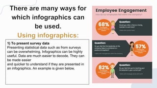 1) To present survey data
Presenting statistical data such as from surveys
can be overwhelming, Infographics can be highly
useful. Data are much easier to decode. They can
be made easier
and quicker to understand if they are presented in
an infographics. An example is given below.
 