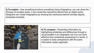3) To explain - how something functions something Using infographics, you can show the
intricacy of complex works. It can reveal the mechanics behind how an object works.
Designers can create infographics by showing the mechanics behind intricate objects,
processes,concepts.
4) To compare - Presenting information by
highlighting similarities and differences through a
visual parallel in an infographic can turn out more
effective than sometimes expressing it in words. It
is easier to draw comparisons with the same
information neatly organized.
 