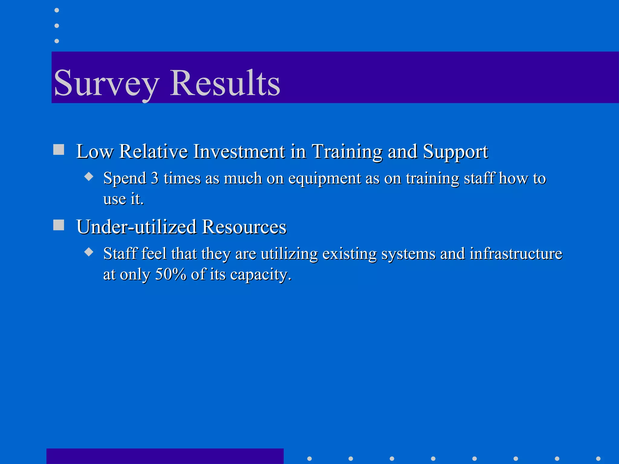 Survey Results Low Relative Investment in Training and Support Spend 3 times as much on equipment as on training staff how to use it. Under-utilized Resources Staff feel that they are utilizing existing systems and infrastructure at only 50% of its capacity.