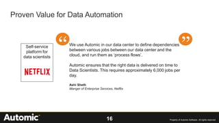 16 Property of Automic Software. All rights reserved
Proven Value for Data Automation
Self-service
platform for
data scientists
We use Automic in our data center to define dependencies
between various jobs between our data center and the
cloud, and run them as ‘process flows’.
Automic ensures that the right data is delivered on time to
Data Scientists. This requires approximately 6,000 jobs per
day.
Ashi Sheth
Manger of Enterprise Services, Netflix
 