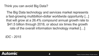 4 Property of Automic Software. All rights reserved
Think you can avoid Big Data?
The Big Data technology and services market represents
a fast-growing multibillion-dollar worldwide opportunity [...]
that will grow at a 26.4% compound annual growth rate to
$41.5 billion through 2018, or about six times the growth
rate of the overall information technology market […]
IDC - 2015
 