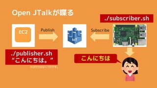 Open JTalk੤
Publish Subscribe
EC2
IoT
./subscriber.sh
./publisher.sh
ˤϡ
2ФǤϤʤ1ФǤ
ˤ
 