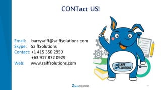 Email: barrysaiff@saiffsolutions.com
Skype: SaiffSolutions
Contact: +1 415 350 2959
+63 917 872 0929
Web: www.saiffsolutio...