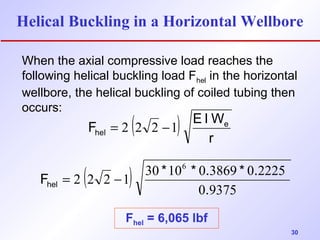 Helical Buckling in a Horizontal Wellbore 
When the axial compressive load reaches the 
following helical buckling load Fhel in the horizontal 
wellbore, the helical buckling of coiled tubing then 
occurs: ( ) r 
30 
F E IWe 
hel = 2 2 2 -1 
( ) 0 9375 
6 
F = - 
* * . * . hel 2 2 2 1 30 10 0 3869 0 2225 
. 
Fhel = 6,065 lbf 
 