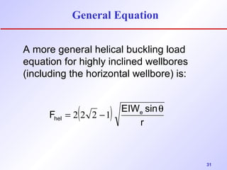 31 
General Equation 
A more general helical buckling load 
equation for highly inclined wellbores 
(including the horizontal wellbore) is: 
( ) r 
F EIWe sin 
hel 
= 2 2 2 -1 q 
 