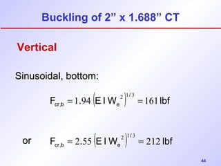44 
Buckling of 2” x 1.688” CT 
Vertical 
Sinusoidal, bottom: 
or 
F = 1 . 94 (E IW 2 ) 1 / 
3 = 
cr,b e 161 lbf F = 2 . 55 (E IW 2 ) 1 / 
3 = 
cr,b e 212 lbf  