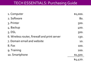 TECH ESSENTIALS: Purchasing Guide 1. Computer $1,000. 2. Software 80. 3. Printer 500. 4. Backup 400. 5. DSL 500. 6. Wireless router, firewall and print server 130. 7. Domain email and website 10. 8. Fax 100. 9. Training 200. 10. Smartphone $1,500. $4,420. 