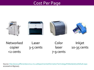 Cost Per Page Laser 3-5 cents Inkjet 10-35 cents Networked copier <2 cents Color laser 7-9 cents Source:  http://www.jeffersondavis.k12.ms.us/Departments/InformationTechnology/FAQs/tabid/72/Default.aspx accessed on 8/9/2007. 