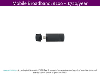 Mobile Broadband: $100 + $720/year www.sprint.com : According to the website, EVDO Rev. A supports “average download speeds of 450 – 800 kbps: and average upload speeds of 300 – 400 kbps.” 