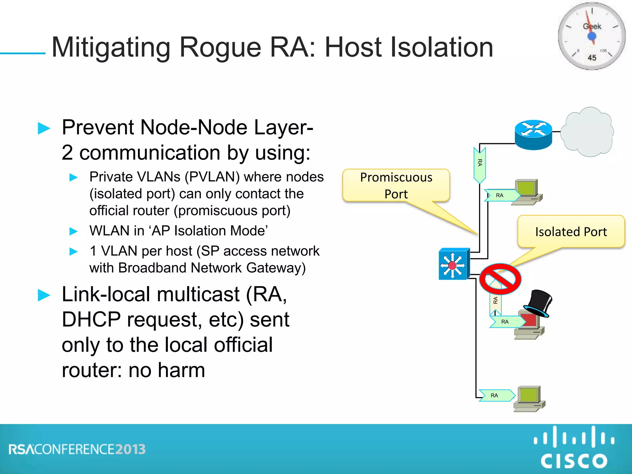 Isolated Port
► Prevent Node-Node Layer-
2 communication by using:
► Private VLANs (PVLAN) where nodes
(isolated port) can only contact the
official router (promiscuous port)
► WLAN in ‘AP Isolation Mode’
► 1 VLAN per host (SP access network
with Broadband Network Gateway)
► Link-local multicast (RA,
DHCP request, etc) sent
only to the local official
router: no harm
Mitigating Rogue RA: Host Isolation
RA
RA
RA
RA
RA
Promiscuous
Port
 