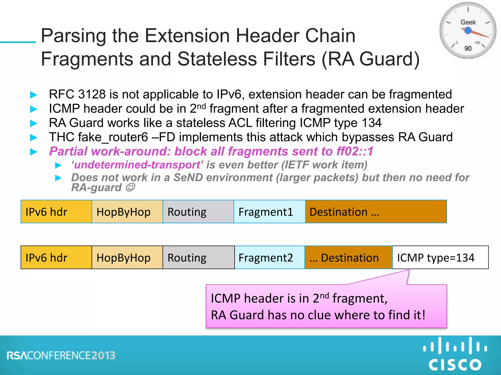 ► RFC 3128 is not applicable to IPv6, extension header can be fragmented
► ICMP header could be in 2nd fragment after a fragmented extension header
► RA Guard works like a stateless ACL filtering ICMP type 134
► THC fake_router6 –FD implements this attack which bypasses RA Guard
► Partial work-around: block all fragments sent to ff02::1
► ‘undetermined-transport’ is even better (IETF work item)
► Does not work in a SeND environment (larger packets) but then no need for
RA-guard 
Parsing the Extension Header Chain
Fragments and Stateless Filters (RA Guard)
IPv6 hdr HopByHop Routing Destination …Fragment1
ICMP header is in 2nd fragment,
RA Guard has no clue where to find it!
IPv6 hdr HopByHop Fragment2 ICMP type=134Routing … Destination
 