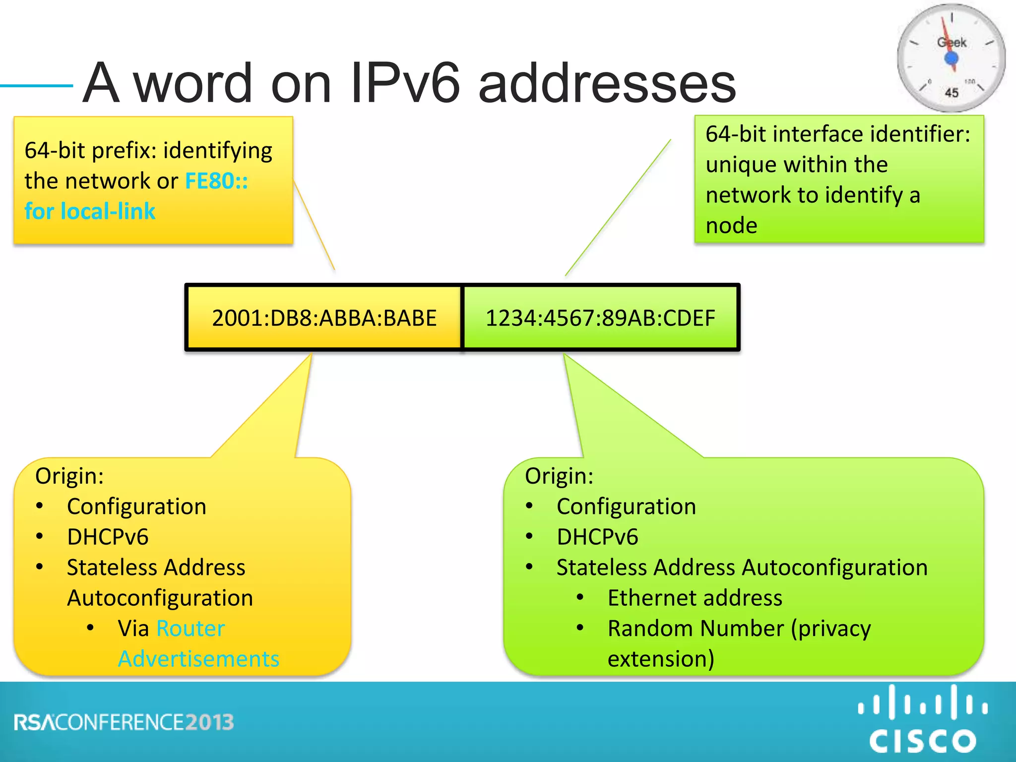A word on IPv6 addresses
2001:DB8:ABBA:BABE 1234:4567:89AB:CDEF
64-bit interface identifier:
unique within the
network to identify a
node
64-bit prefix: identifying
the network or FE80::
for local-link
Origin:
• Configuration
• DHCPv6
• Stateless Address
Autoconfiguration
• Via Router
Advertisements
Origin:
• Configuration
• DHCPv6
• Stateless Address Autoconfiguration
• Ethernet address
• Random Number (privacy
extension)
 