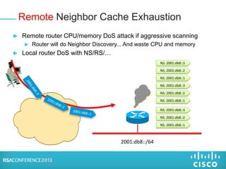 ► Remote router CPU/memory DoS attack if aggressive scanning
► Router will do Neighbor Discovery... And waste CPU and memory
► Local router DoS with NS/RS/…
Remote Neighbor Cache Exhaustion
2001:db8::/64
NS: 2001:db8::1
NS: 2001:db8::2
NS: 2001:db8::3
NS: 2001:db8::1
NS: 2001:db8::2
NS: 2001:db8::3
NS: 2001:db8::1
NS: 2001:db8::2
NS: 2001:db8::3
 
