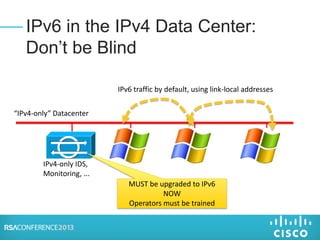 IPv6 in the IPv4 Data Center:
Don’t be Blind
“IPv4-only” Datacenter
IPv6 traffic by default, using link-local addresses
IPv4-only IDS,
Monitoring, ...
MUST be upgraded to IPv6
NOW
Operators must be trained
 