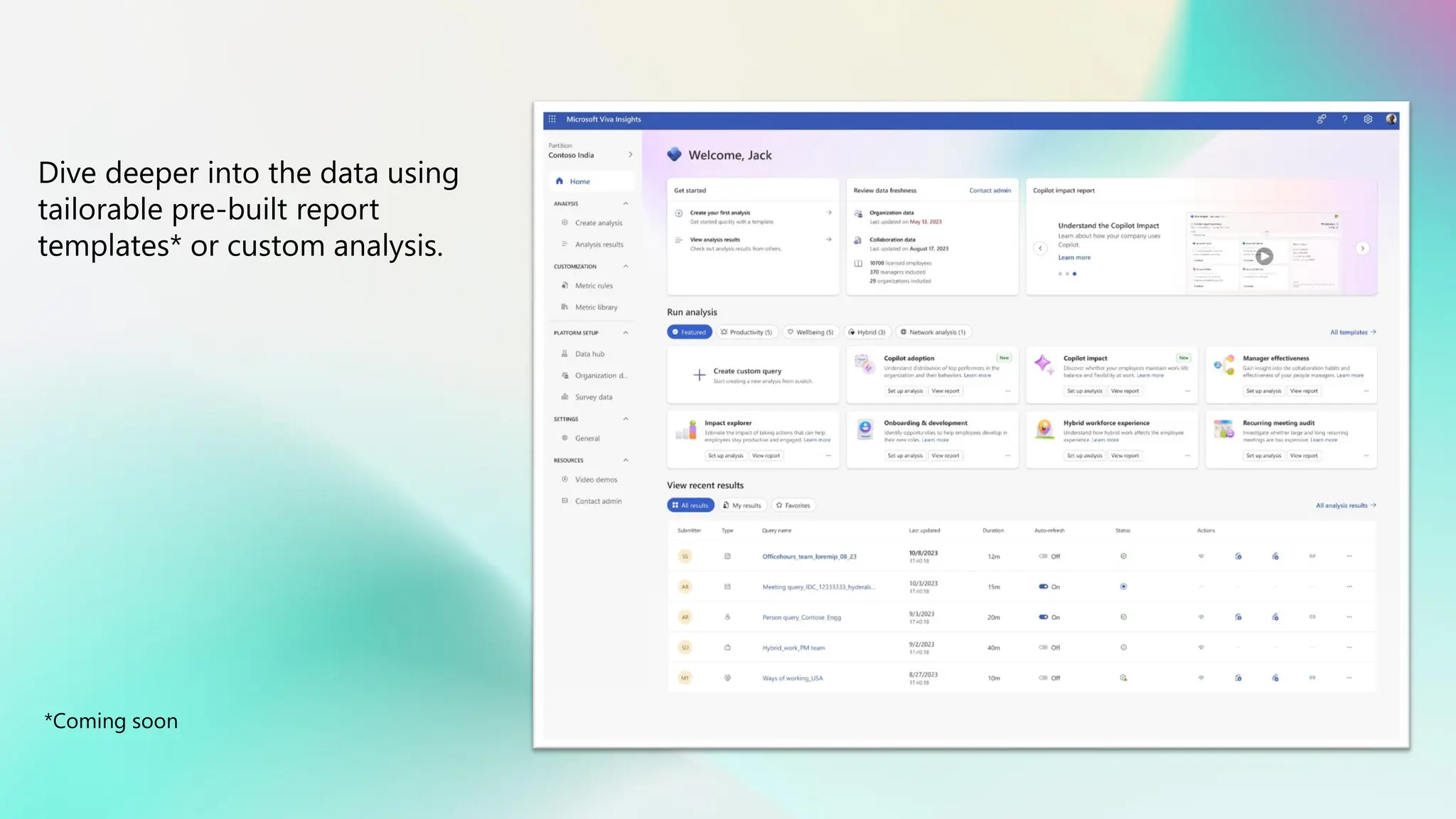 Dive deeper into the data using
tailorable pre-built report
templates* or custom analysis.
*Coming soon
 
