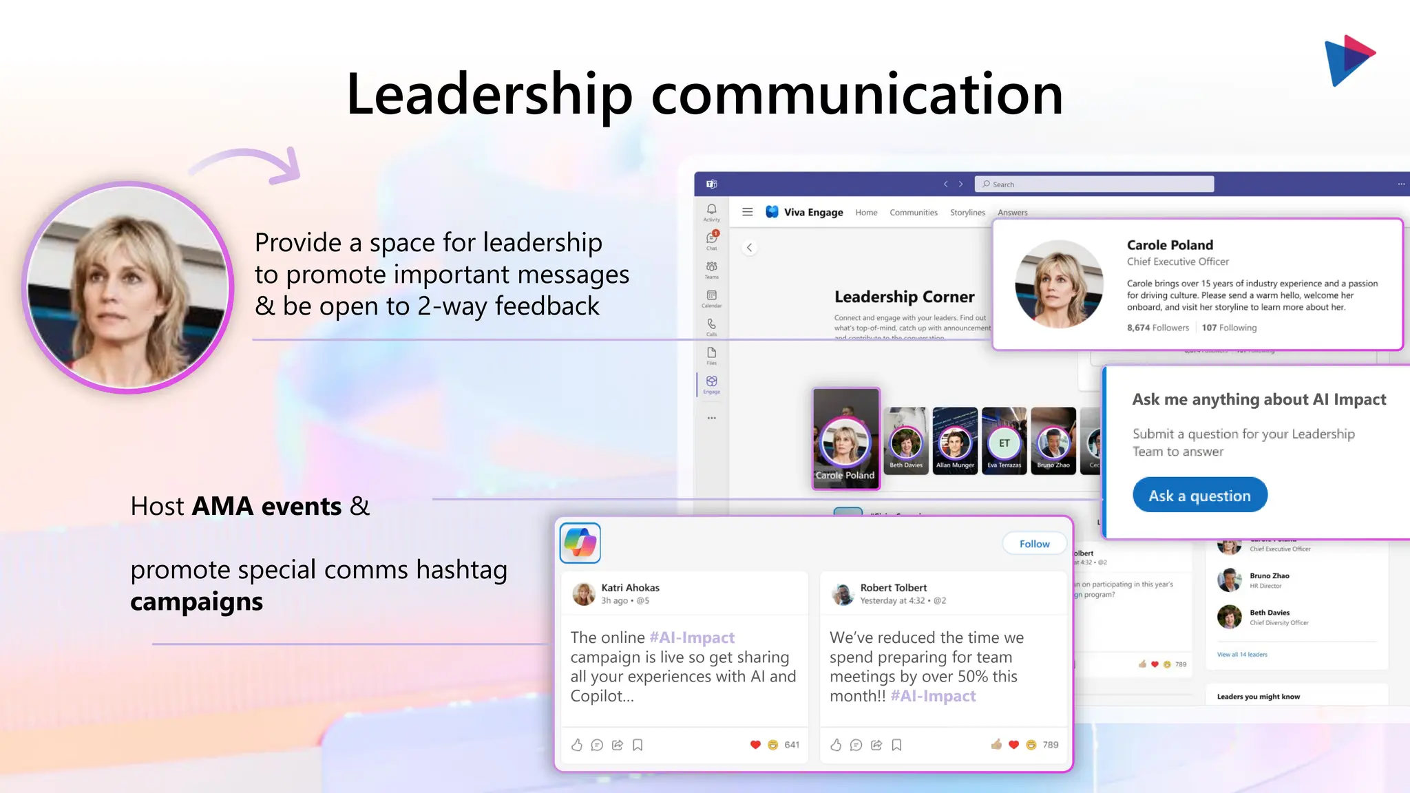 Leadership communication
Ask me anything about AI Impact
The online #AI-Impact
campaign is live so get sharing
all your experiences with AI and
Copilot…
We’ve reduced the time we
spend preparing for team
meetings by over 50% this
month!! #AI-Impact
Provide a space for leadership
to promote important messages
& be open to 2-way feedback
Host AMA events &
promote special comms hashtag
campaigns
 
