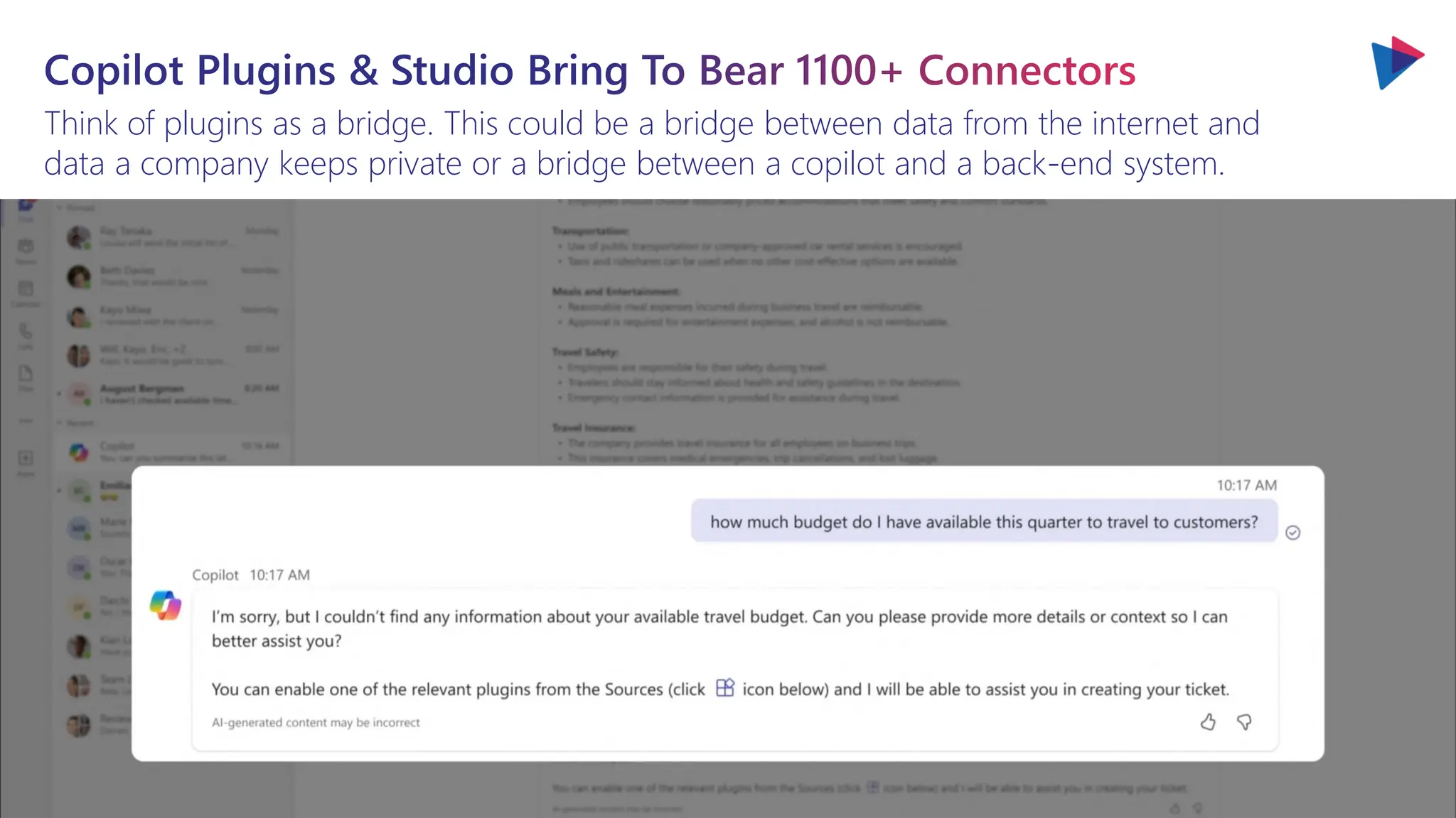Copilot Plugins & Studio Bring To Bear 1100+ Connectors
Think of plugins as a bridge. This could be a bridge between data from the internet and
data a company keeps private or a bridge between a copilot and a back-end system.
 