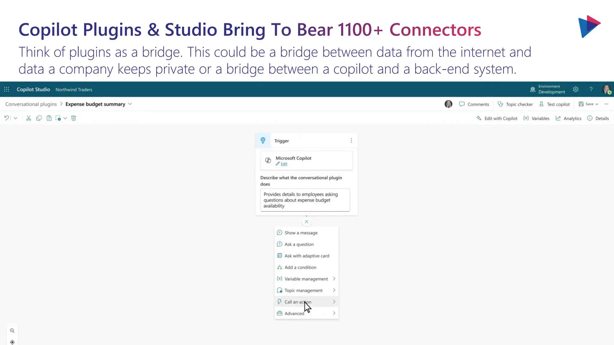 Copilot Plugins & Studio Bring To Bear 1100+ Connectors
Think of plugins as a bridge. This could be a bridge between data from the internet and
data a company keeps private or a bridge between a copilot and a back-end system.
 