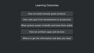 Learning Outcomes
How we architect apps and services
How we build insanely great products
How code gets from development to production
What systems power LinkedIn and keep them stable
Where to get the information and data you need
 