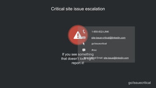 Critical site issue escalation
If you see something  
that doesn’t look right,
report it!
go/issuecritical
1-855-832-LINK
site-issue-critical@linkedin.com
go/issuecritical
Non Critical Email: site-issue@linkedin.com
#noc
 