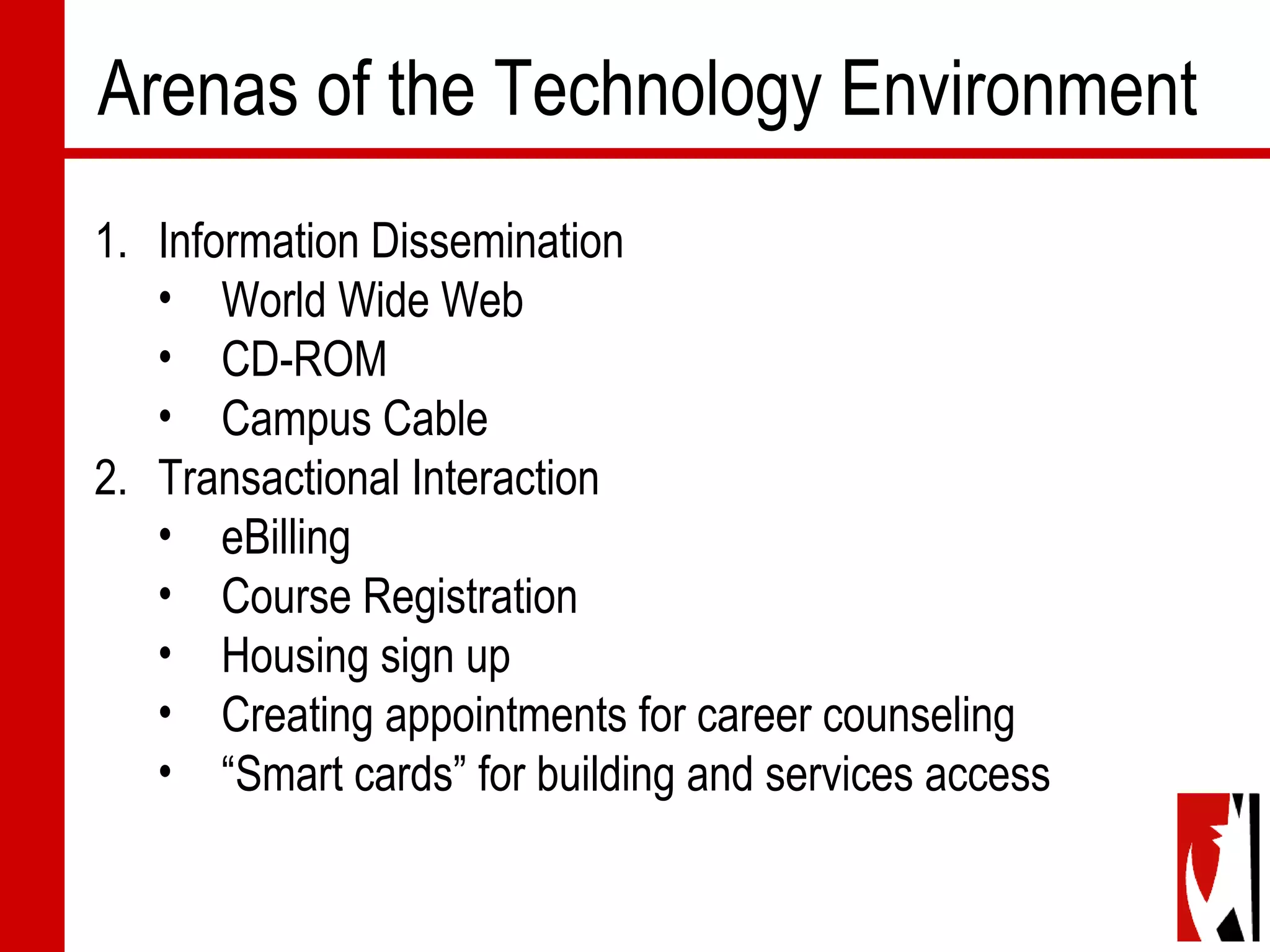 Arenas of the Technology Environment
1. Information Dissemination
• World Wide Web
• CD-ROM
• Campus Cable
2. Transactional Interaction
• eBilling
• Course Registration
• Housing sign up
• Creating appointments for career counseling  
• “Smart cards” for building and services access
 