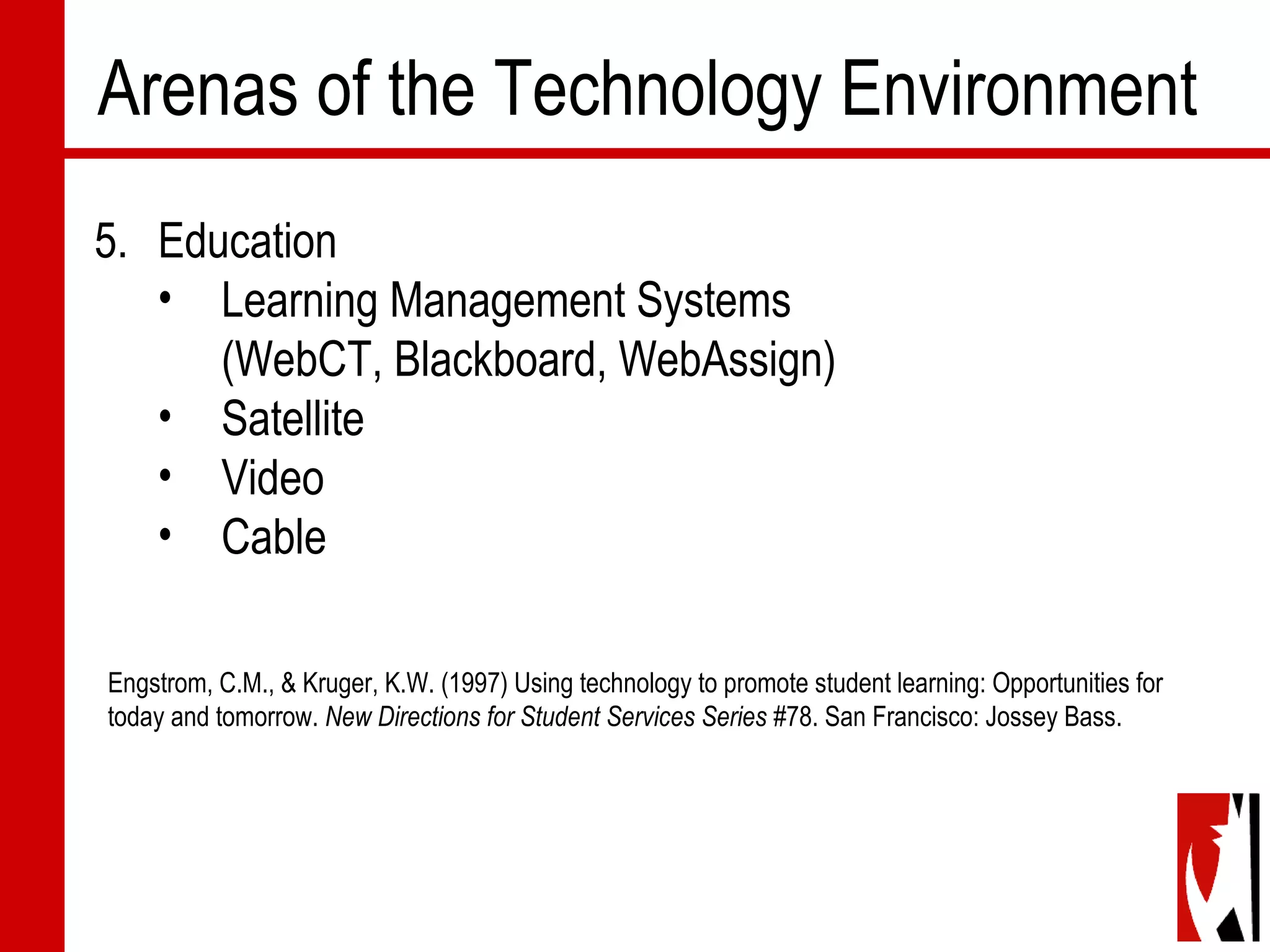 Arenas of the Technology Environment
5. Education
• Learning Management Systems
(WebCT, Blackboard, WebAssign)
• Satellite
• Video
• Cable
Engstrom, C.M., & Kruger, K.W. (1997) Using technology to promote student learning: Opportunities for
today and tomorrow. New Directions for Student Services Series #78. San Francisco: Jossey Bass.
 