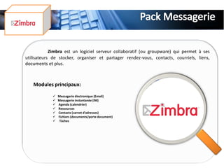 Zimbra est un logiciel serveur collaboratif (ou groupware) qui permet à ses
utilisateurs de stocker, organiser et partager rendez-vous, contacts, courriels, liens,
documents et plus.



   Modules principaux:
               Messagerie électronique (Email)
               Messagerie instantanée (IM)
               Agenda (calendrier)
               Ressources
               Contacts (carnet d'adresses)
               Fichiers (documents/porte document)
                Tâches
 