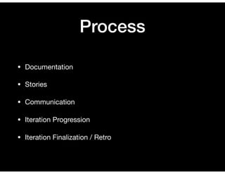 Documentation
• Extremely helpful to...

• Communicate decisions made

• Provide living design docs

• Reiterate the "why"...