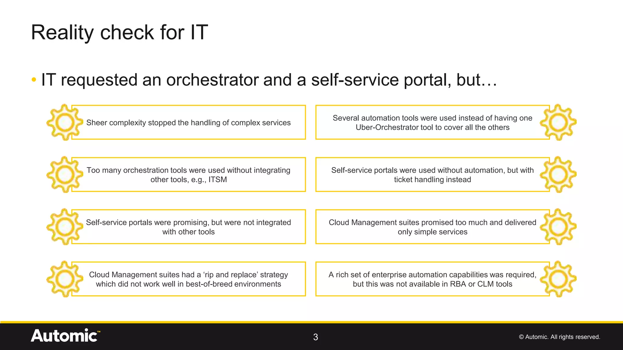 © Automic. All rights reserved.
• IT requested an orchestrator and a self-service portal, but…
Reality check for IT
3
Sheer complexity stopped the handling of complex services
Several automation tools were used instead of having one
Uber-Orchestrator tool to cover all the others
Too many orchestration tools were used without integrating
other tools, e.g., ITSM
Self-service portals were used without automation, but with
ticket handling instead
Self-service portals were promising, but were not integrated
with other tools
Cloud Management suites promised too much and delivered
only simple services
Cloud Management suites had a ‘rip and replace’ strategy
which did not work well in best-of-breed environments
A rich set of enterprise automation capabilities was required,
but this was not available in RBA or CLM tools
 
