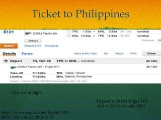 Ticket to Philippines




    121$ cost of flight

                                    Departure 26 Oct Taipei TPE
                                    Arrival 26 Oct Manila MNL
http://www.kayak.com/flights/TPE-
MNL/2012-10-26/2012-11-29
 