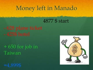 Money left in Manado

                     4877 $ start
- 628 plane ticket
- 425$ hotel

+ 650 for job in
Taiwan

=4,899$
 