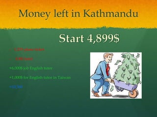 Money left in Kathmandu


- 1,235 plane ticket

-   104$ hotel

+6,000$ job English tutor

+1,000$ for English tutor in Taiwan

=10,560
 
